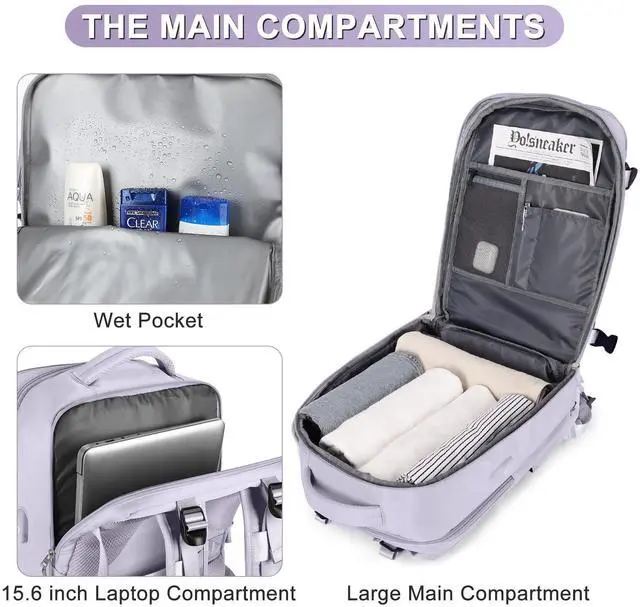 Alt view image 4 of 5 - coofay Large Carry On Backpack Flight Approved Personal Item Travel Backpack For Women Airline Approved Waterproof Sports Luggage Backpack Casual Daypack Small Hiking Backpack Purple Backpack
