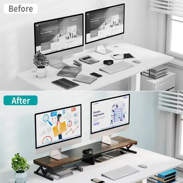 Alt view image 3 of 5 - ErgoFocus Dual Monitor Stand Riser, Large Wood Monitor Riser for 2 Monitors, Monitor Lift with Storage for Desk, Sturdy Wood&Steel Multi Screen Stand, Desktop Organizer Monitor Stand for Computer