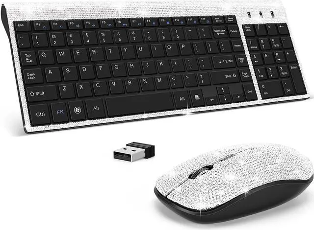 Main image of Dazzling Luxury Cute Keyboard and Mouse Wireless, Sparkly Bling Rhinestone Wireless Mouse and Keyboard Gift Set (Silver)
