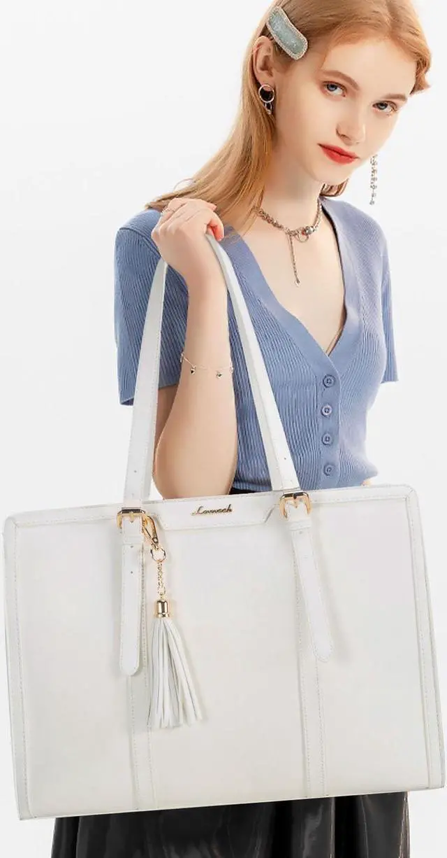 Alt view image 2 of 5 - LOVEVOOK Laptop Bag for Women 15.6 inch Lightweight Leather Laptop Tote Bag, Large Capacity Computer bag with Clutch Purse for Business, Work, Office, Travel, SchoolWhite15.6 Inch