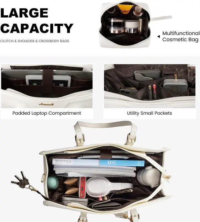 Alt view image 3 of 5 - LOVEVOOK Laptop Bag for Women 15.6 inch Lightweight Leather Laptop Tote Bag, Large Capacity Computer bag with Clutch Purse for Business, Work, Office, Travel, SchoolWhite15.6 Inch