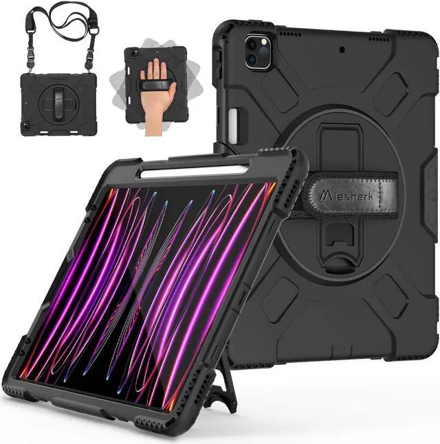 Main image of Miesherk Case for iPad Pro 12.9 Inch 6th/5th/4th Generation, Military Grade Heavy Duty Shockproof iPad Pro 12.9 Case - Rotating Stand, Pencil Holder, Hand/Shoulder Strap, Black+Black