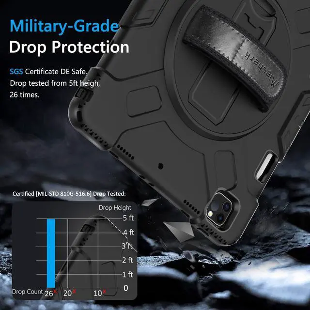 Alt view image 2 of 5 - Miesherk Case for iPad Pro 12.9 Inch 6th/5th/4th Generation, Military Grade Heavy Duty Shockproof iPad Pro 12.9 Case - Rotating Stand, Pencil Holder, Hand/Shoulder Strap, Black+Black