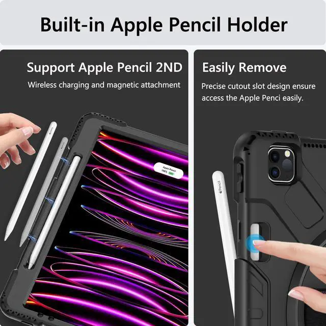 Alt view image 3 of 5 - Miesherk Case for iPad Pro 12.9 Inch 6th/5th/4th Generation, Military Grade Heavy Duty Shockproof iPad Pro 12.9 Case - Rotating Stand, Pencil Holder, Hand/Shoulder Strap, Black+Black