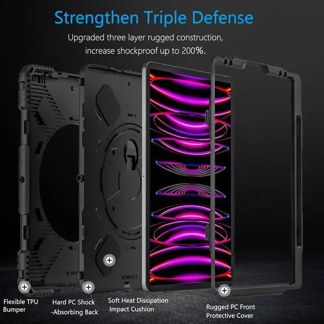 Alt view image 4 of 5 - Miesherk Case for iPad Pro 12.9 Inch 6th/5th/4th Generation, Military Grade Heavy Duty Shockproof iPad Pro 12.9 Case - Rotating Stand, Pencil Holder, Hand/Shoulder Strap, Black+Black