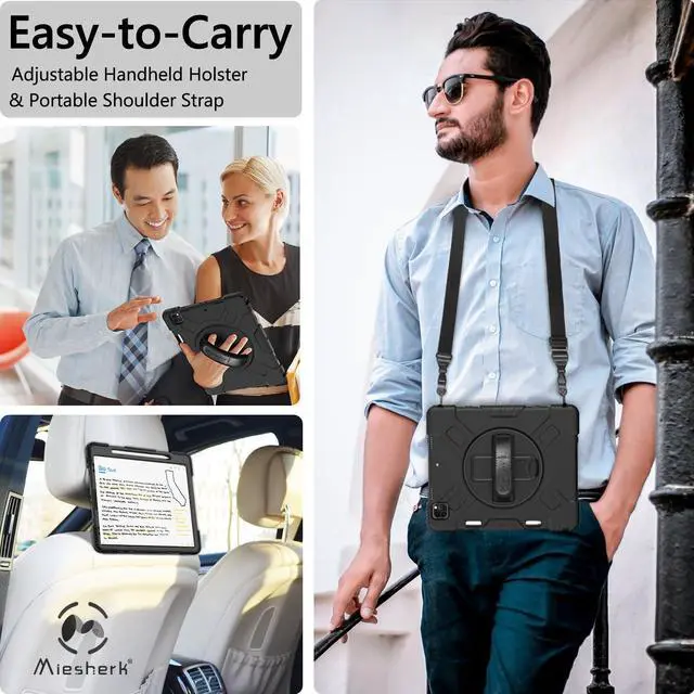 Alt view image 5 of 5 - Miesherk Case for iPad Pro 12.9 Inch 6th/5th/4th Generation, Military Grade Heavy Duty Shockproof iPad Pro 12.9 Case - Rotating Stand, Pencil Holder, Hand/Shoulder Strap, Black+Black