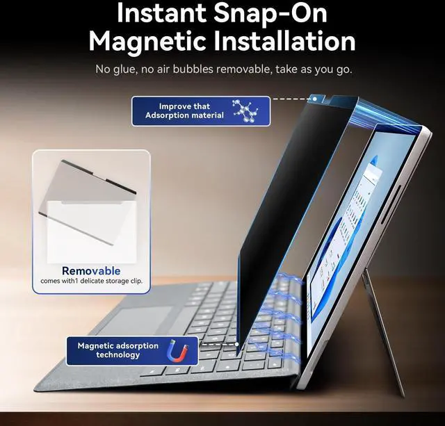 Alt view image 3 of 5 - Magnetic Privacy Filter Compatible with Microsoft Surface Pro 10 (2024) / Pro 9 (2022) / Pro 8 (2021) / Pro X (2021, 2019), 13 Inch Removable Anti Spy Glare Blue Light Privacy Screen