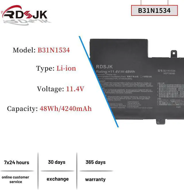 Alt view image 2 of 5 - B31N1534 Laptop Battery for Asus Zenbook U5000 UX510 UX510UW UX510UW-1A UX510UW1A UX510UW-RB71 UX510UW-CN044T UX510UX UX510UX-1A UX510UX-CN020T UX510UX-CN044T UX510UX-CN216T 0B200-02030000 11.4V 48Wh
