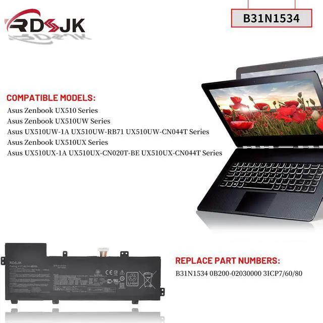Alt view image 3 of 5 - B31N1534 Laptop Battery for Asus Zenbook U5000 UX510 UX510UW UX510UW-1A UX510UW1A UX510UW-RB71 UX510UW-CN044T UX510UX UX510UX-1A UX510UX-CN020T UX510UX-CN044T UX510UX-CN216T 0B200-02030000 11.4V 48Wh