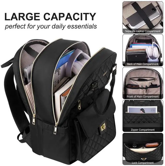 Alt view image 2 of 5 - RJEU Laptop Backpack Women 17.3in,Cute School Backpack Bookbag for Teen Girls College Student,Mochila para niña adolescente for Work Travel,Aesthetic Backpack,Black