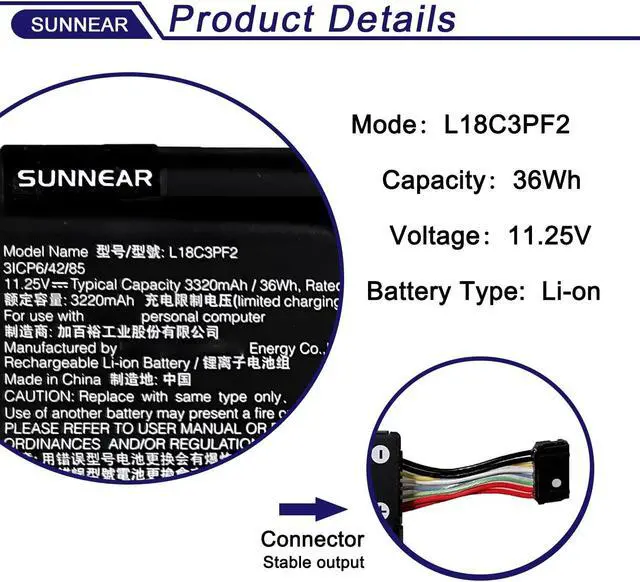 Alt view image 2 of 5 - SUNNEAR L18C3PF2 36Wh Battery Replacement for Lenovo Ideapad L340-15API L340-15IWL Touch L340-17API L340-17IWL Series Laptop L18L3PF1 L18M3PF2 L18D3PF1 11.25V 3320mAh