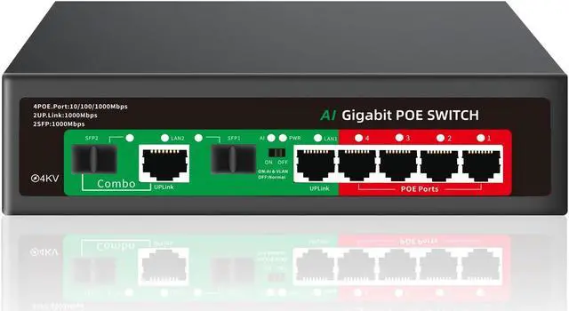 Main image of STEAMEMO 8 Port Gigabit Ethernet Unmanaged PoE Switch, 4 Gigabit PoE+ @65W Built-in Power, 2 Uplink Gigabit Port + 2 SFP Slot, VLAN Mode, 802.3af/at, Desktop/Wall-Mount, Plug & Play