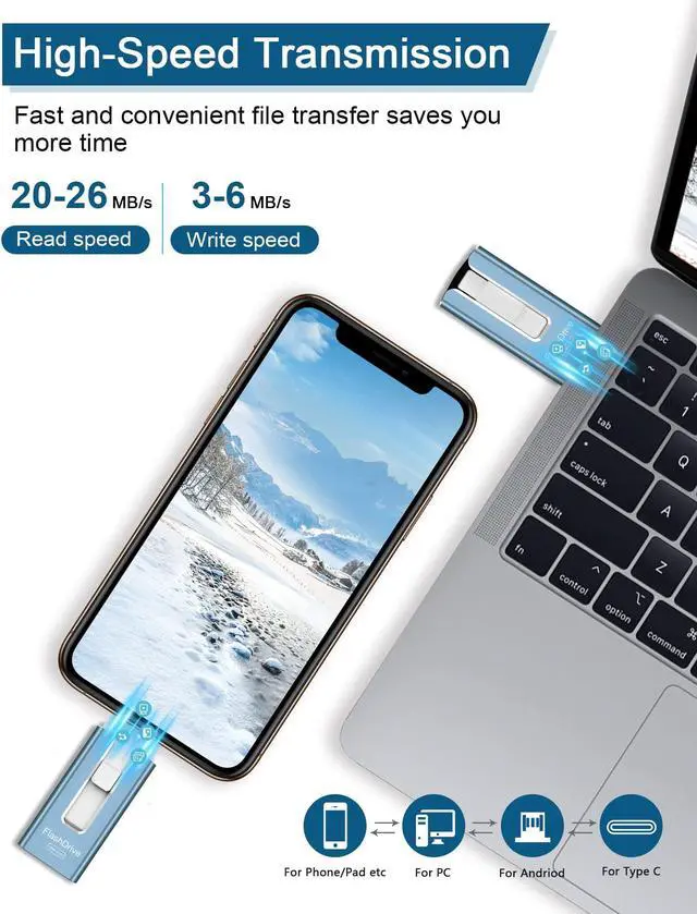 Alt view image 3 of 5 - Sunany Flash Drive 512GB Thumb Drive USB Memory Stick High Speed External Storage USB Stick Photo Stick for Phone, Pad, Android, PC and More Devices (Blue)