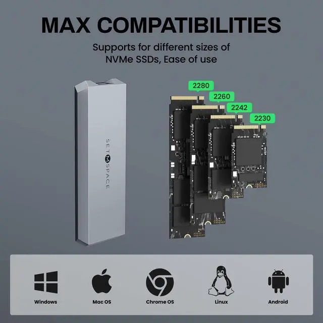 Alt view image 4 of 5 - NVME Enclosure ['Tough Guy' Quality], 20 Gbps M.2 Enclosure for M-Key PCIe NVME, Solid Aluminium Alloy SETMSPACE M.2 Enclosure with USBC/A Cable, Screw Fixed SSD Enclosure for 2230/2242/2260/2280-Grey