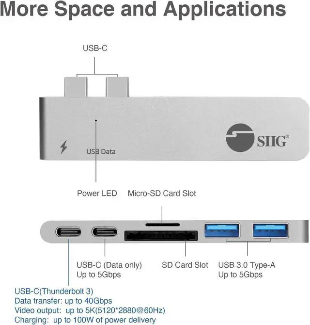 Alt view image 3 of 5 - SIIG Thunderbolt 3 USB Type C Hub Adapter for 13" or 15" MacBook Pro - 5k Video Resolution, 40Gbps Data Speed - USB C Data Port, 2 USB 3.1, SD/Micro SD Card Reader Slot - Silver