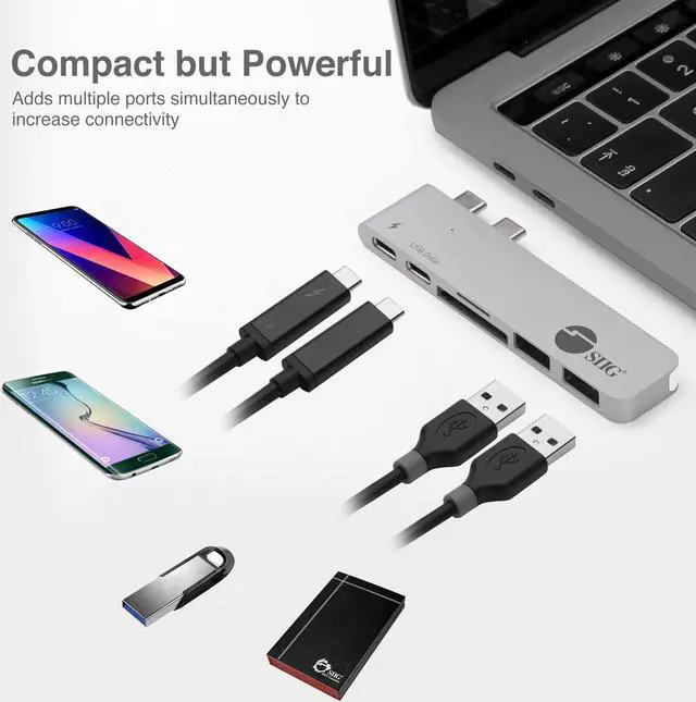 Alt view image 4 of 5 - SIIG Thunderbolt 3 USB Type C Hub Adapter for 13" or 15" MacBook Pro - 5k Video Resolution, 40Gbps Data Speed - USB C Data Port, 2 USB 3.1, SD/Micro SD Card Reader Slot - Silver