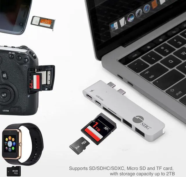 Alt view image 5 of 5 - SIIG Thunderbolt 3 USB Type C Hub Adapter for 13" or 15" MacBook Pro - 5k Video Resolution, 40Gbps Data Speed - USB C Data Port, 2 USB 3.1, SD/Micro SD Card Reader Slot - Silver