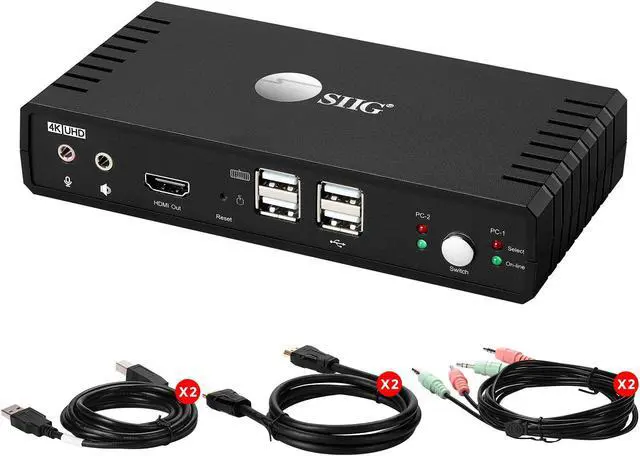 Main image of SIIG 4K HDMI 2 Port KVM Switch with Microphone & Audio, HDMI 4K60, HDCP 2.2, USB 2.0 x4, Cables Included, Support Wireless Keyboard/Mouse,Hotkey Control,Windows & Mac PCs,TAA Compliant(CE-KV0811-S1)