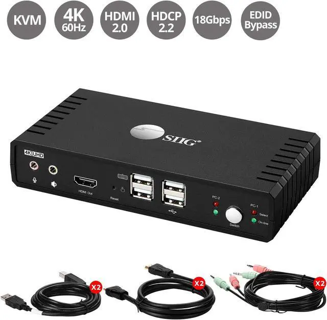 Alt view image 2 of 5 - SIIG 4K HDMI 2 Port KVM Switch with Microphone & Audio, HDMI 4K60, HDCP 2.2, USB 2.0 x4, Cables Included, Support Wireless Keyboard/Mouse,Hotkey Control,Windows & Mac PCs,TAA Compliant(CE-KV0811-S1)
