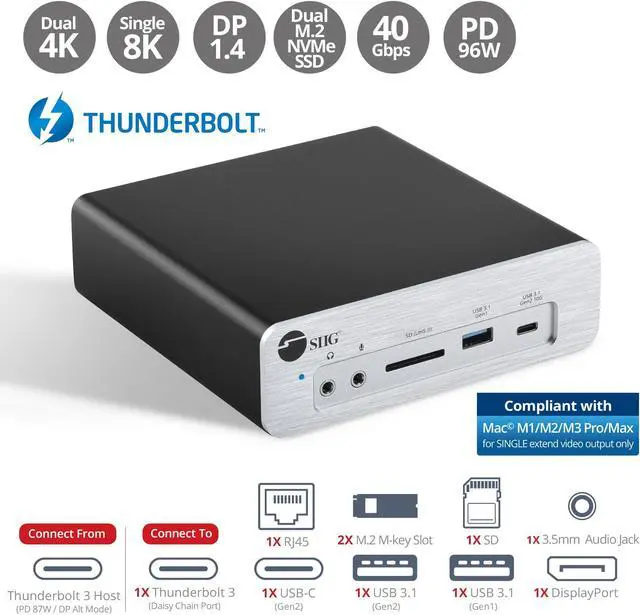 Alt view image 2 of 5 - SIIG 8K Thunderbolt 3 Laptop Docking Station, Dual M.2 NVMe Slot, 96W PD Charging, DisplayPort 1.4 SD Card Reader, 2X USB 10G Ports, 2X USB 5G Ports, Gigabit Ethernet, TAA Compliant (JU-DK0K11-S1)