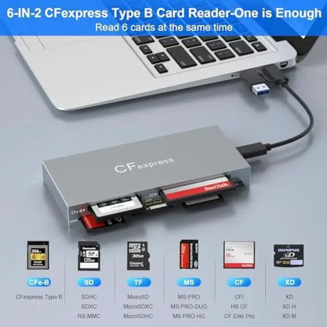 Alt view image 2 of 5 - CFexpress Type B Card Reader, 6-in-1 USB 3.2 10Gbps CFexpress Card Reader Adapter for CFexpress Type B/SD/TF/MS/XD/CF Memory Card, CF Express Card Reader Read 6 Cards Simultaneously