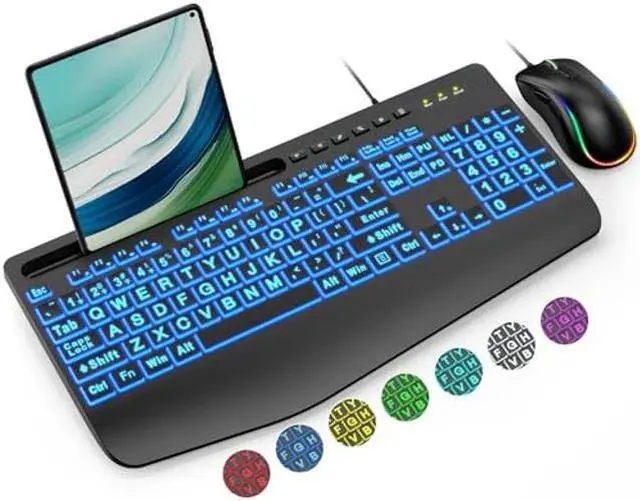 Alt view image 4 of 4 - 2PCS Wired Keyboard and 1PCS Mouse,Large Print Backlit Keyboard with 7-Color Backlit, Lighted Computer Keyboards Easy to See, Light Up USB Keyboard Mouse Combo for PC, Windows, Laptop