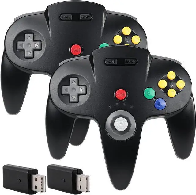 Main image of 2 Pack 2.4 GHz Wireless Switch N64 Controller, w/USB Dongle, Compatible with Windows Laptop PC iOS Mac Linux Raspberry Pi, Switch/NSO - (Rechargeable) (Plug and Play) (Black)