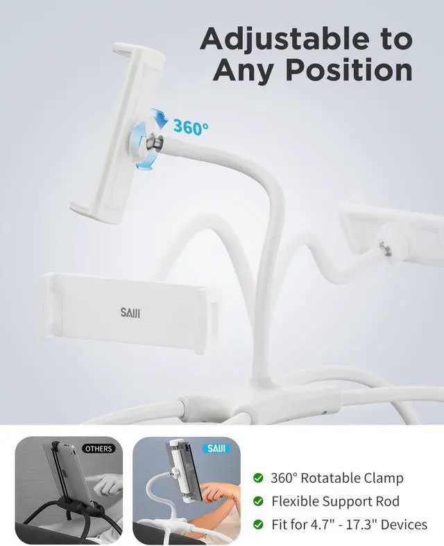 Alt view image 3 of 5 - SAIJI for iPad Stand Holder Adjustable Tablet Stand for Desk, Portable Monitor Stand Tablet Holder for Bed Fit for Phones, Tablets, Portable Monitor, Switch and More 4.7"-17.3" Devices(White)
