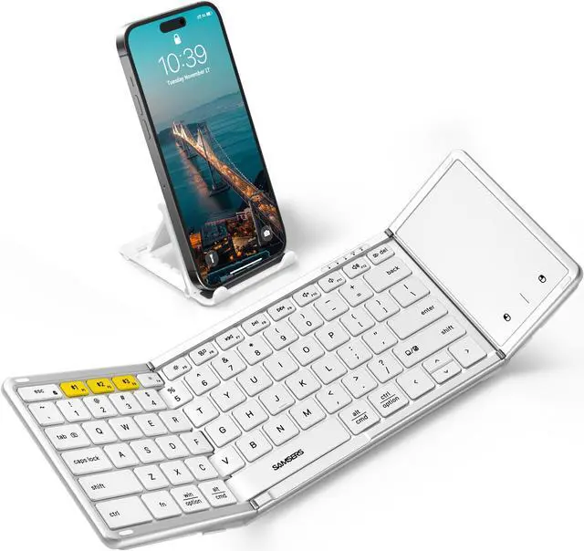 Main image of Samsers Foldable Bluetooth Keyboard with Touchpad, Full-Size Wireless Folding Keyboard with PU Leather, Portable Travel Keyboard for iOS Android Windows Mac OS, Support 3 Devices (BT5.1 x 3), Silver