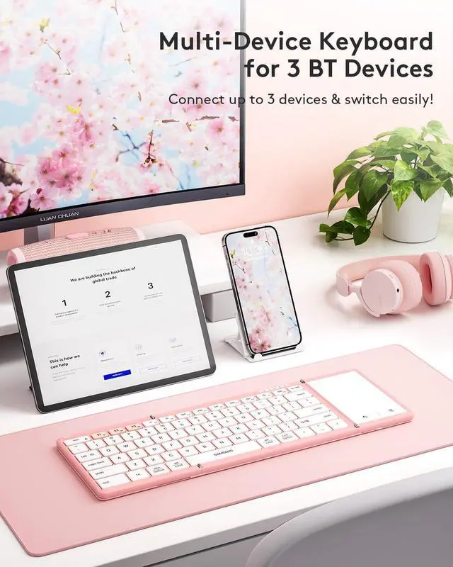 Alt view image 2 of 5 - Samsers Foldable Bluetooth Keyboard with Touchpad, Full-Size Wireless Portable Travel Folding Keyboard for iOS Android Windows Mac OS, Support 3 Devices (BT5.1 x 3), Pink