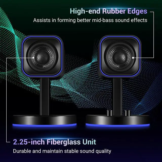 Alt view image 2 of 5 - Sanyun SW202 2.25 Computer Gaming PC Speakers - 24W Fiberglass Speaker Unit - Built-in 16bit DAC Dynamic 3D Surround Sound - Bluetooth 5.2 USB Aux Inputs - RGB Backlit (Pair, Black)