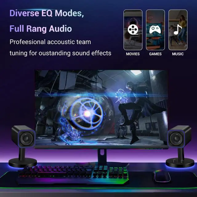 Alt view image 5 of 5 - Sanyun SW202 2.25 Computer Gaming PC Speakers - 24W Fiberglass Speaker Unit - Built-in 16bit DAC Dynamic 3D Surround Sound - Bluetooth 5.2 USB Aux Inputs - RGB Backlit (Pair, Black)
