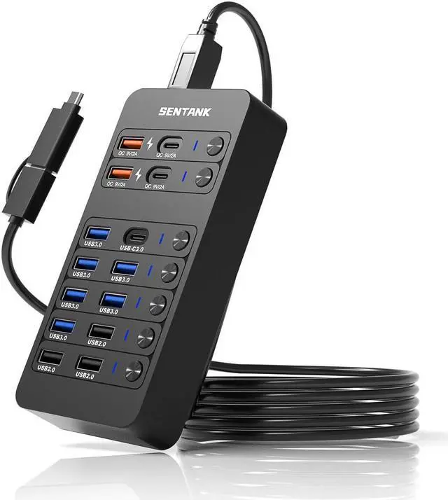 Main image of SENTANK Powered USB Hub,14 Ports USB Data Hub Splitter with 6 USB 3.0 Port,4 Charging Port,1 USB-C 3.0 Data Port,1 PD 60W Charging Port w LED Individual On/Off Switches for MacBook,Mac Pro,Laptop/PC