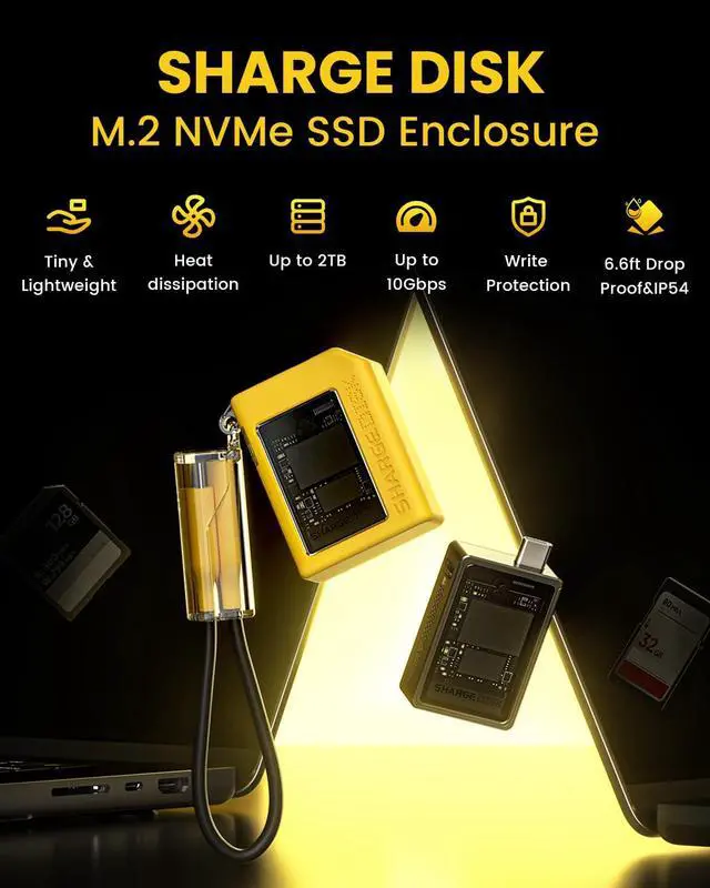 Alt view image 2 of 5 - Sharge Disk M.2 NVMe SSD Enclosure with Active Cooling System, 10Gbps USB C 3.2 Gen2, Enclosure NVMe Reader Supports M Keys and Size 2230 SSDs, Yellow