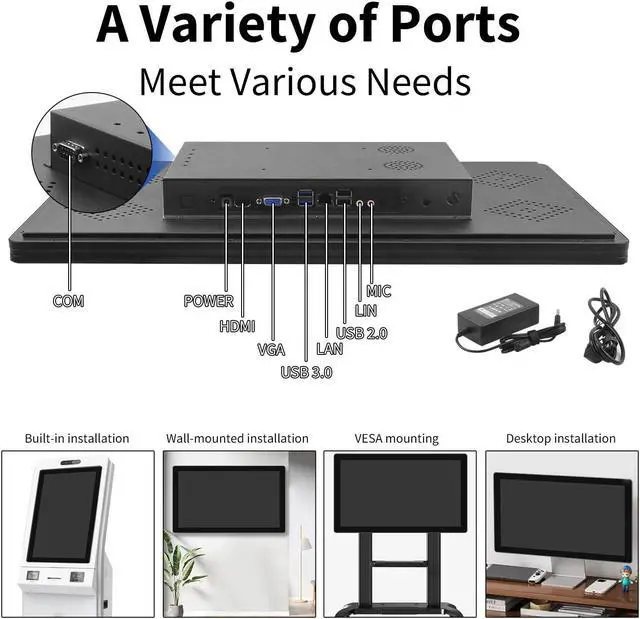 Alt view image 3 of 5 - Showscren Touchscreen Monitor 15.6 Inch 10-Points Touch Industrial Monitor, 1920 * 1080, FHD HDMI,VGA& USB Embedded Touch Screen Monitor for Device POI/POS/Kiosk/Automation, Built-in Speakers, VESA