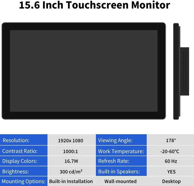 Alt view image 5 of 5 - Showscren Touchscreen Monitor 15.6 Inch 10-Points Touch Industrial Monitor, 1920 * 1080, FHD HDMI,VGA& USB Embedded Touch Screen Monitor for Device POI/POS/Kiosk/Automation, Built-in Speakers, VESA