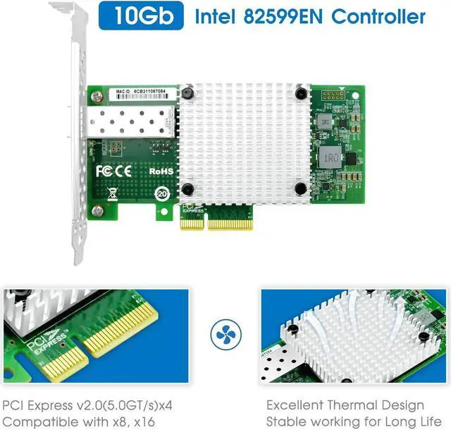 Alt view image 3 of 5 - 10Gb SFP+ PCI-E Network Card NIC,Compare to Intel X520-DA1,with Intel 82599EN Chip,Single SFP+ Port,PCI Express X4,Ethernet Converged Network Adapter Support Windows Server/Linux/VMware
