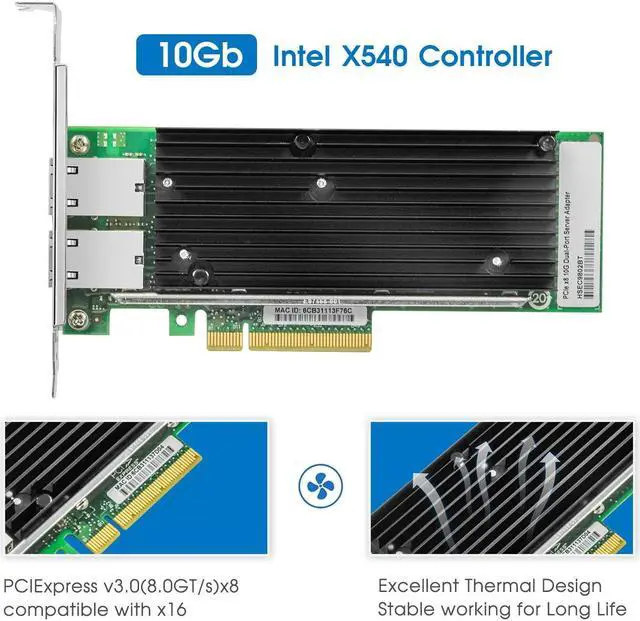 Alt view image 3 of 5 - 10Gb PCI-E NIC Network Card,Dual Copper RJ45 Port,Intel X540 Controller,PCI Express v3.0 X8 Ethernet LAN Adapter for Windows/Linux/ESX,Compare to Intel X540-T1/X540-T2