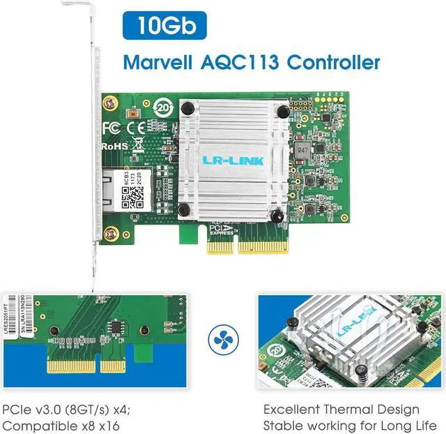 Alt view image 4 of 5 - 10G RJ45 Copper NIC Single Port with Marvell AQtion AQC113 Controller,PCI Express X4 Ethernet LAN Supports Windows10/11/Server