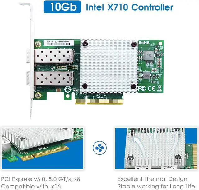 Alt view image 3 of 5 - 10Gb PCI-E Network Card, Dual SFP+ Port,with Original Intel X710 Chipset,PCI Express 3.0 X8,Ethernet Converged Network Adapter Support Windows Server/Linux/VMware Compare to Intel X710-BM2/X710-DA2