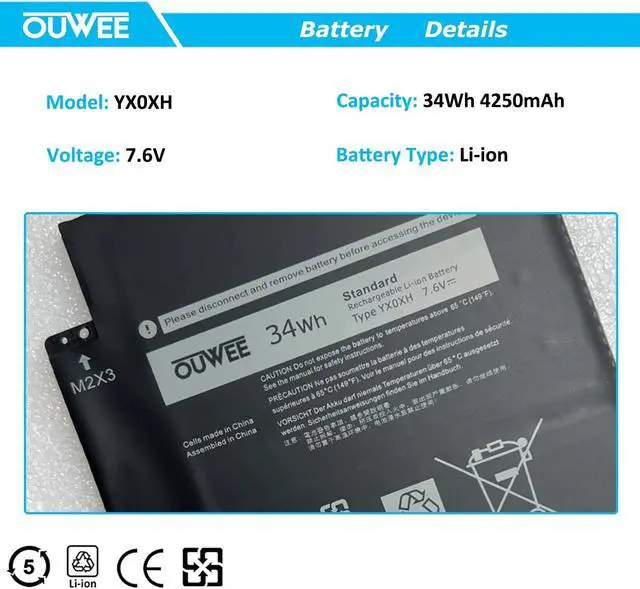 Alt view image 2 of 5 - OUWEE YX0XH Laptop Battery Compatible with Dell Latitude 7285 2-in-1 Series Notebook Screen Battery 0YX0XH OWYCVV 0WYCVV C668F 0C668F 7.6V 34Wh 4250mAh