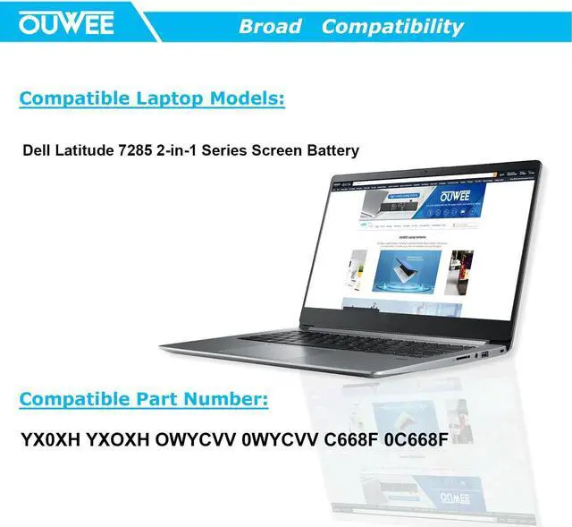Alt view image 5 of 5 - OUWEE YX0XH Laptop Battery Compatible with Dell Latitude 7285 2-in-1 Series Notebook Screen Battery 0YX0XH OWYCVV 0WYCVV C668F 0C668F 7.6V 34Wh 4250mAh