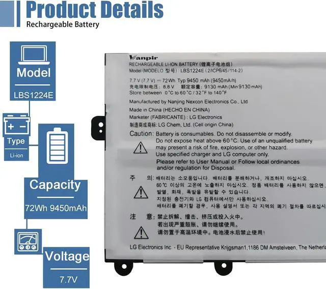 Alt view image 2 of 5 - VANPIR LBS1224E Laptop Battery Compatible with LG Gram 2018 13Z980 14Z980 15Z980 15Z990 Series Notebook 7.7V 72Wh 9450mAh Support 30 Days Return or Exchange and 12 Months Warranty