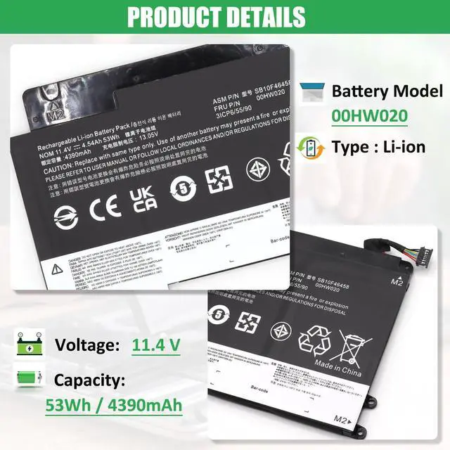 Alt view image 2 of 5 - RHKRKQN 00HW020 53Wh Laptop Battery Replacement for Lenovo ThinkPad Yoga 460 20EL 20EM P40 Yoga 20GQ 20GR Yoga 14 20FY 20DM000VUS 20FY0002US S3 Yoga 14 Series Notebook SB10F46458 SB10F46459 00HW021