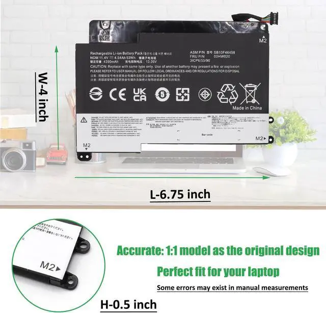 Alt view image 5 of 5 - RHKRKQN 00HW020 53Wh Laptop Battery Replacement for Lenovo ThinkPad Yoga 460 20EL 20EM P40 Yoga 20GQ 20GR Yoga 14 20FY 20DM000VUS 20FY0002US S3 Yoga 14 Series Notebook SB10F46458 SB10F46459 00HW021
