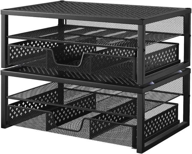 Alt view image 2 of 5 - Simple Trending 2 Pack 2 Tier Metal Monitor Riser Stand and Computer Desk Organizer with Drawer, Black