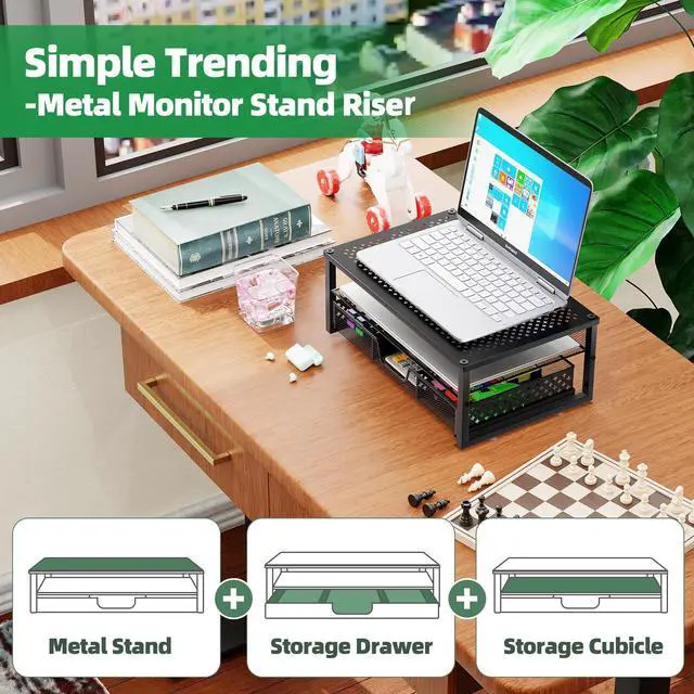 Alt view image 4 of 5 - Simple Trending 2 Pack 2 Tier Metal Monitor Riser Stand and Computer Desk Organizer with Drawer, Black