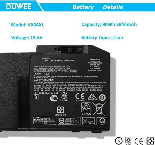 Alt view image 2 of 5 - OUWEE VX04XL Laptop Battery Compatible with HP Zbook 15 G5 G6 2YW99AV 2YX00AV 2ZC40EA 2ZC41EA 3AX02AV 3AX04AV 4QH14EA 5KY99AV Serie HSTNN-IB8F 4ME79AA HSN-Q13C L05766-855 L06302-1C1 15.4V 90Wh