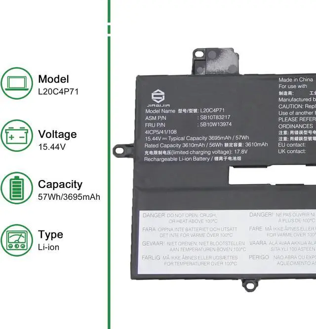 Alt view image 2 of 4 - JIAZIJIA L20C4P71 SB10T83217 5B10W13974 Laptop Battery Replacement for Lenovo ThinkPad X1 Carbon 9th 10th 11th Gen X1 Yoga 6th 7th 8th Gen Series L20M4P71 SB10T83216 L20D4P71 L20L4P71 15.44V 57Wh