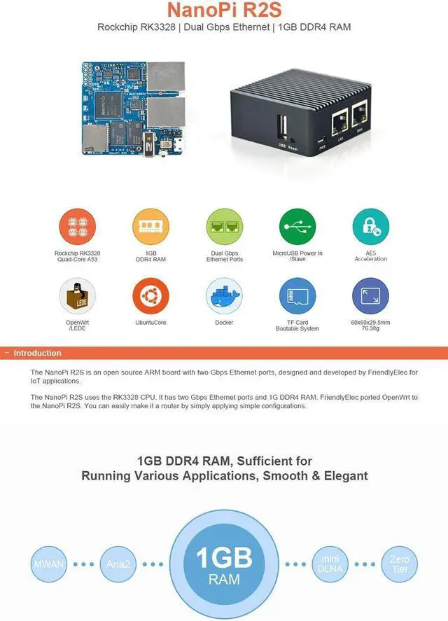 Alt view image 3 of 5 - NanoPi R2S Open Source Mini Router with Dual-Gbps Ethernet Ports 1GB DDR4 Based in RK3328 Soc for IOT NAS Smart Home Gateway, Bundle with CNC Metal Case